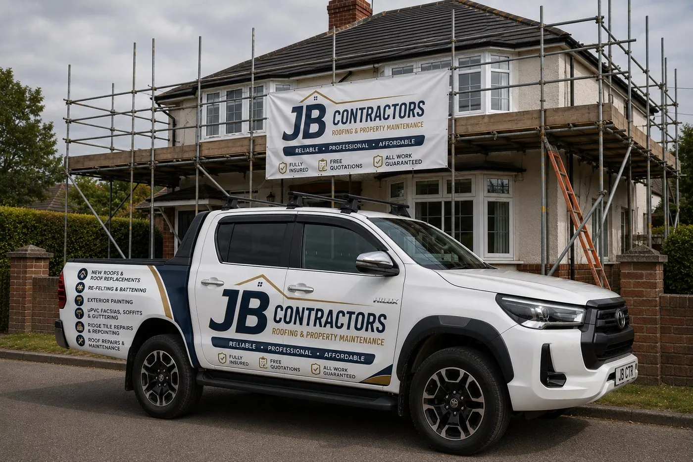 Saltash Roofing pickup truck on site at a scaffolded roofing job in Saltash